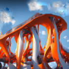 Snow-covered landscape with curved bridge and icicles over reflective river