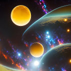 Vibrant cosmic scene: two ornate spacecrafts, glowing moon