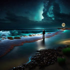 Solitary figure on moonlit beach with reflective waves