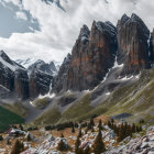 Snowy Mountains with Sharp Peaks, Serene Lake, Snow-Covered Ground, Partly Cloud