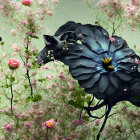 Colorful butterflies on flowers against green backdrop