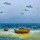 Three wooden ships on surreal green-blue sea under cloudy sky