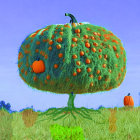 Whimsical tree with oversized pumpkins in green canopy on grassy landscape