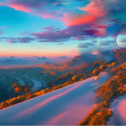 Snowy Peaks and Autumnal Forest in Dusk Winter Landscape