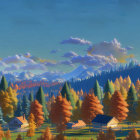 Scenic autumn landscape with red-roofed houses and snowy mountains