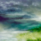 Person standing on rock overlooking misty coastline with turbulent waves and distant cliffs under cloudy sky.