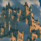 Fantasy castle with spires and towers under dramatic sky