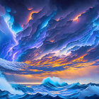 Colorful surreal ship at sea with multicolored waves and celestial sky