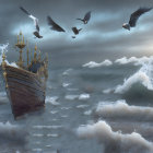 Sailing ship in stormy seas with crashing waves and soaring birds