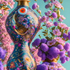 Surreal illustration of ornate blue domes and vivid flowers