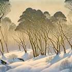 Snowy forest landscape with bare trees and falling snowflakes