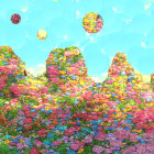 Colorful Landscape with Floral-Covered Hills and Celestial Bodies