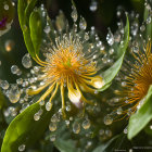 Golden skeletal leaves with glistening dewdrops in soft focus