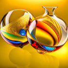 Colorful Glass Vases on Warm Yellow Background: Blue, Orange, Purple Swirls