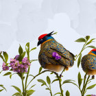 Colorful birds perched on branch with flying birds in sky