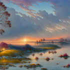 Fantastical landscape digital artwork with moon, trees, mountains, lake, and sunset.