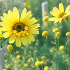 Vibrant yellow and pink daisies on blue water with green reflections