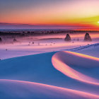 Snow-covered hills at sunrise with misty forest and cozy house.