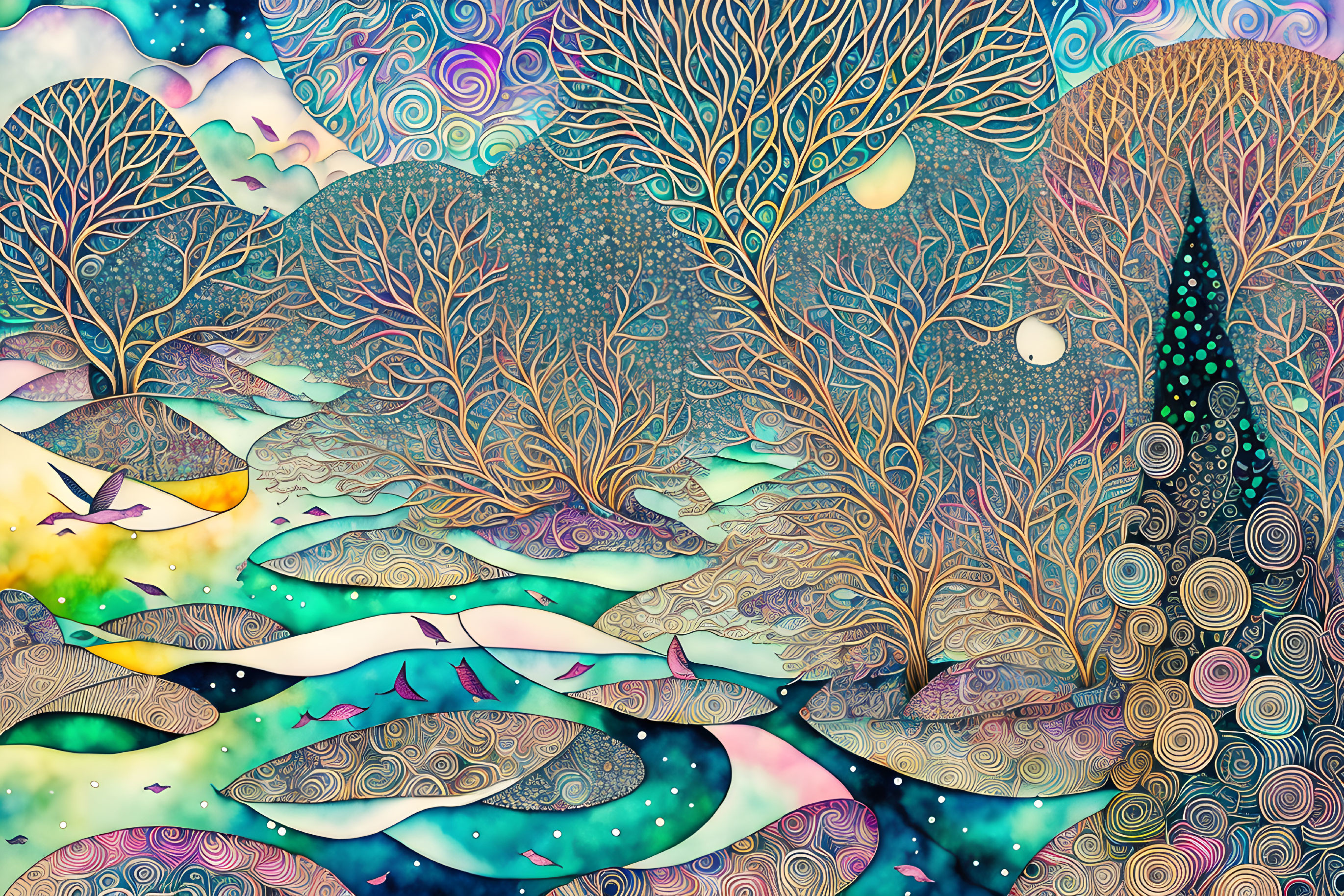 Colorful Landscape with Stylized Trees and Abstract Birds