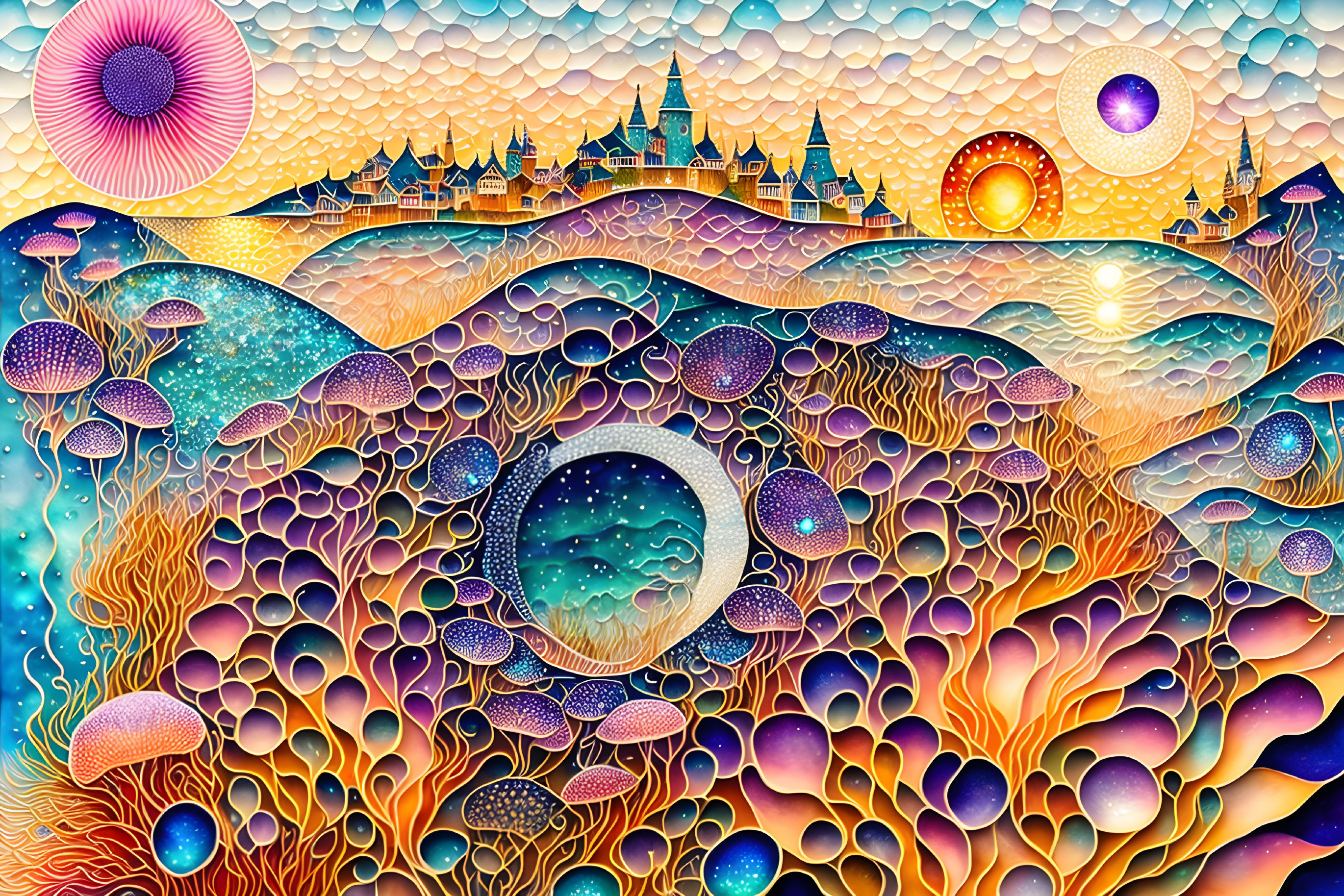 Colorful psychedelic art: Sea, jellyfish, celestial bodies, castle.