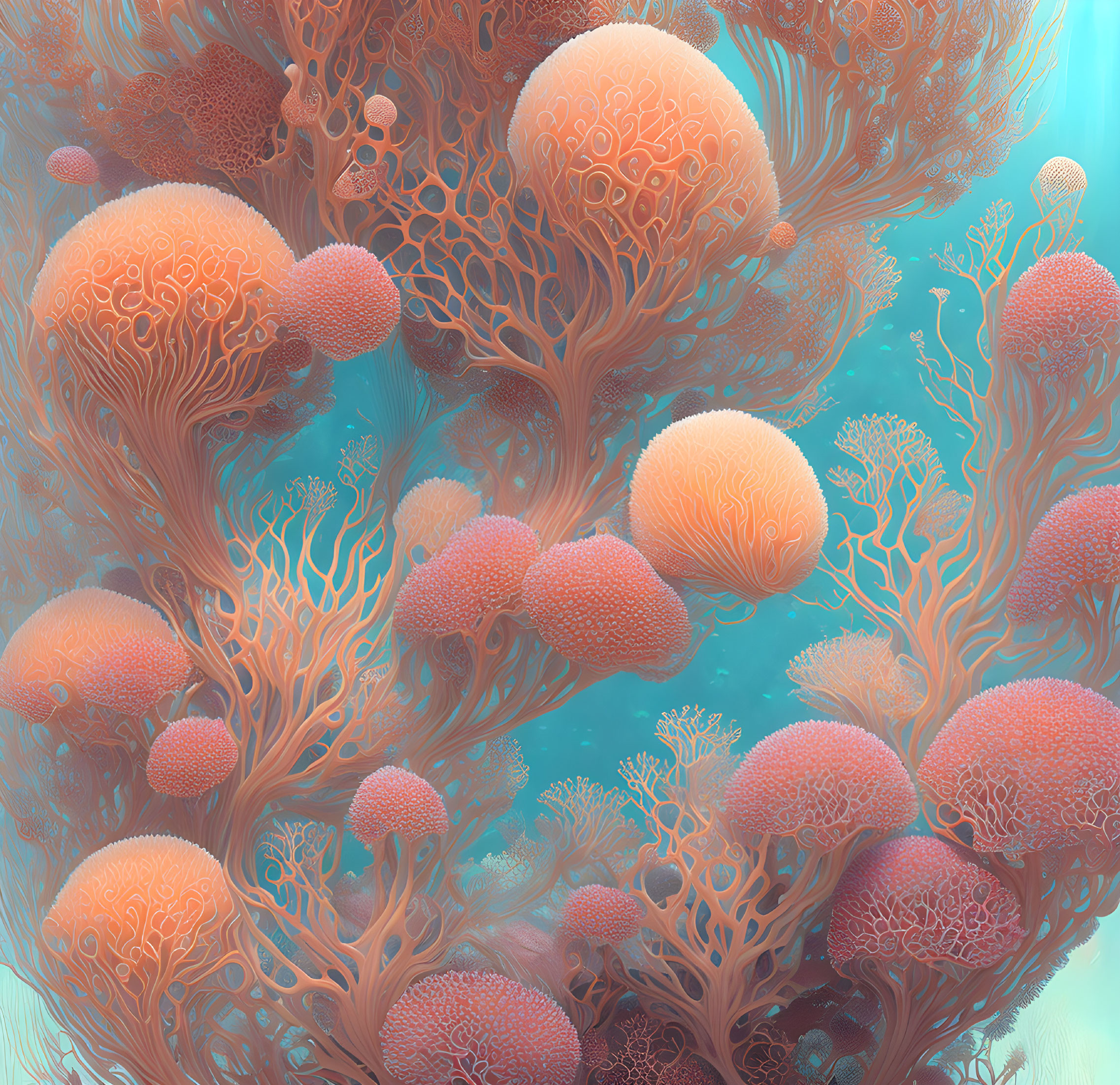 Orange-Pink Coral Trees in Tranquil Underwater Scene