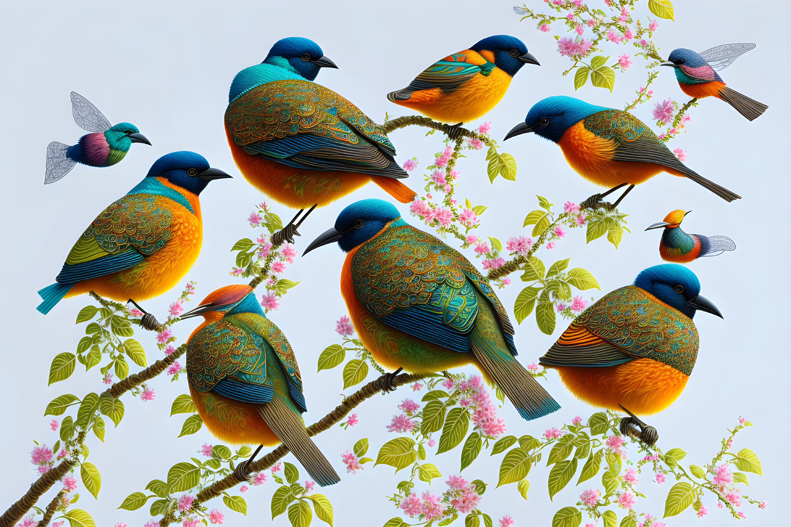 Colorful Birds Perched on Flowering Branches in Pale Sky