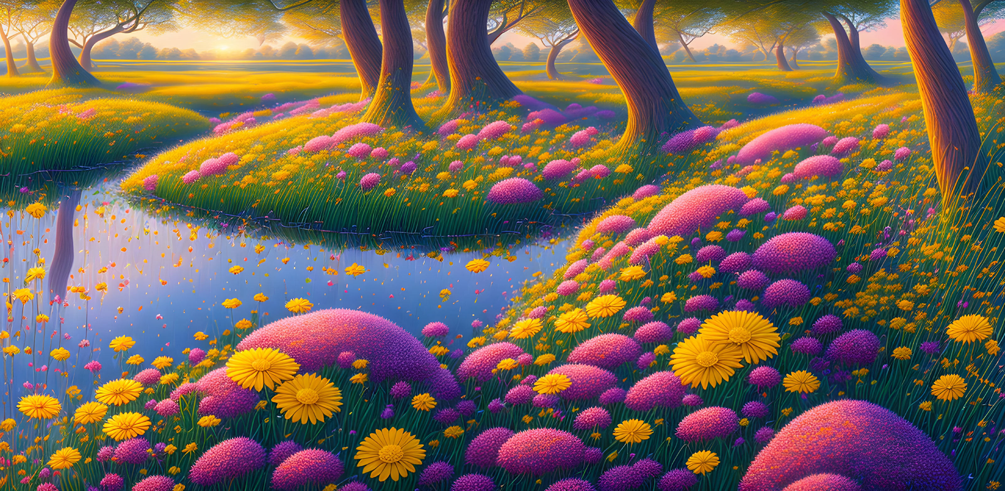 Colorful fantasy landscape with purple mounds and whimsical trees at sunrise