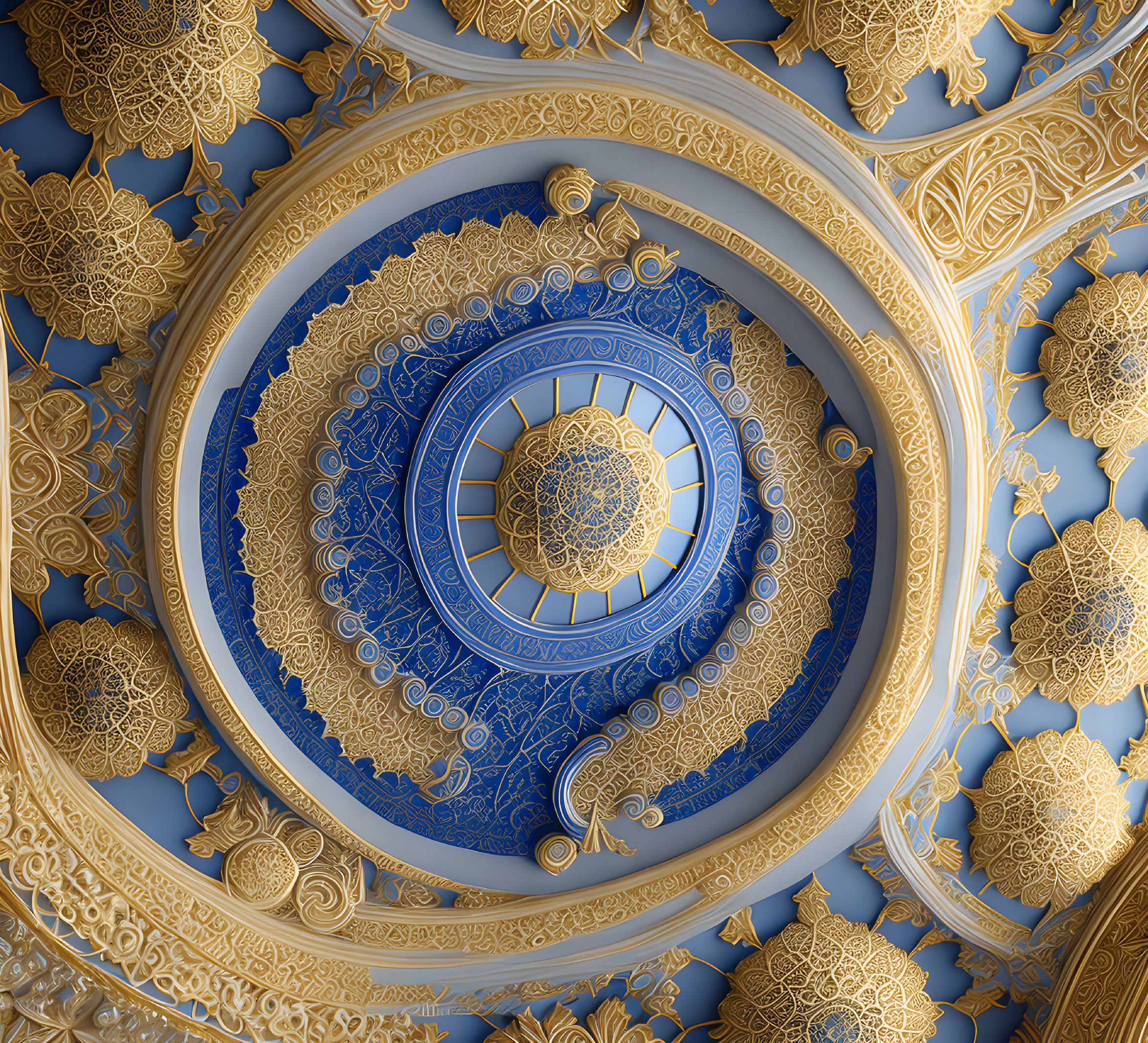 Intricate Blue and Gold Ceiling Design with Geometric Patterns