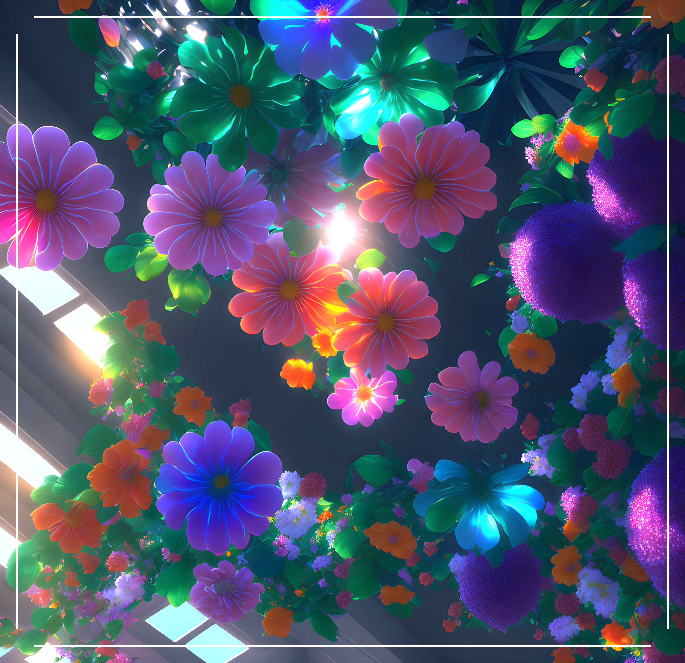 Colorful digital flowers under soft light in tranquil garden