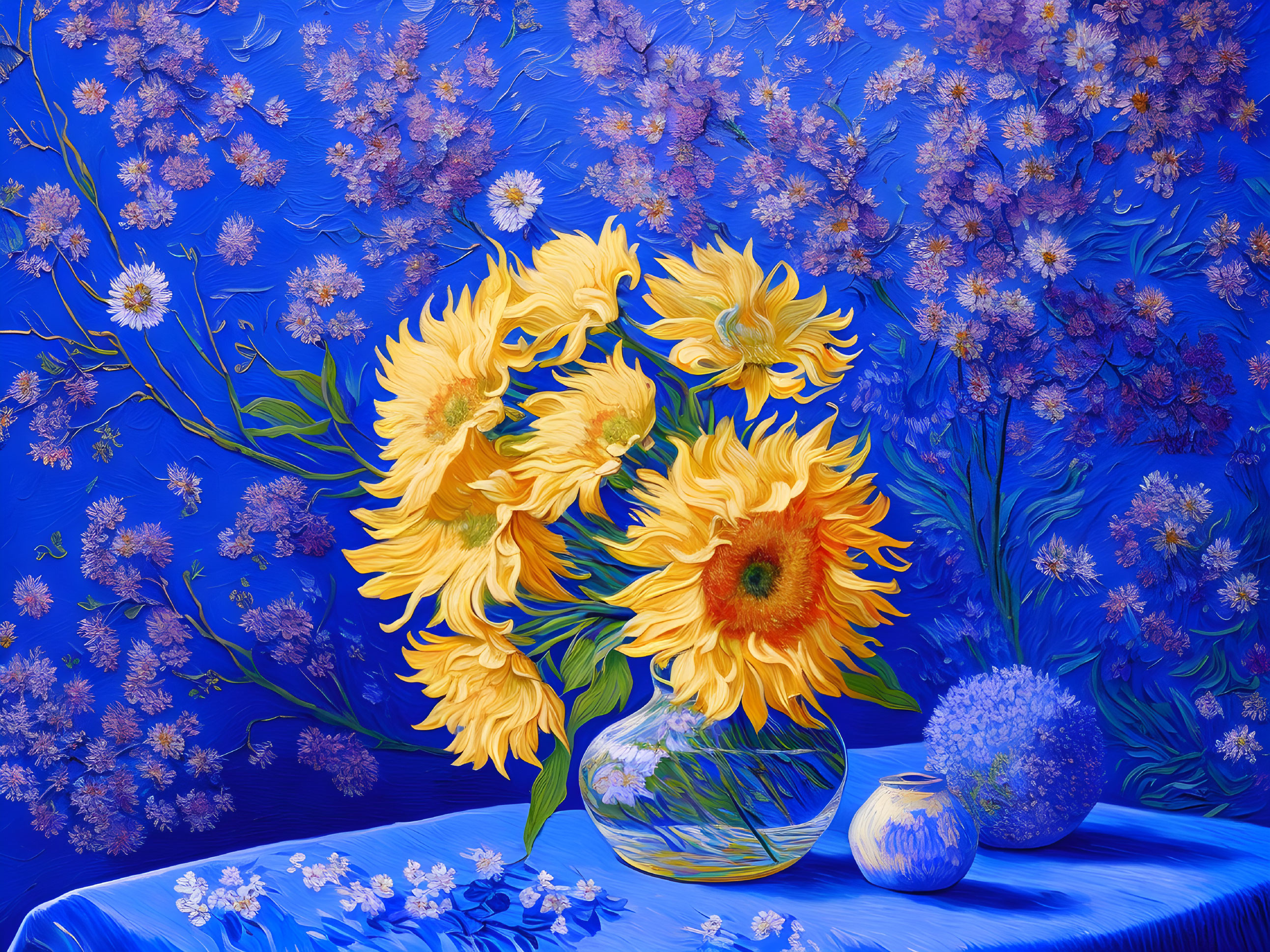 Colorful sunflower bouquet painting on blue background with purple flowers