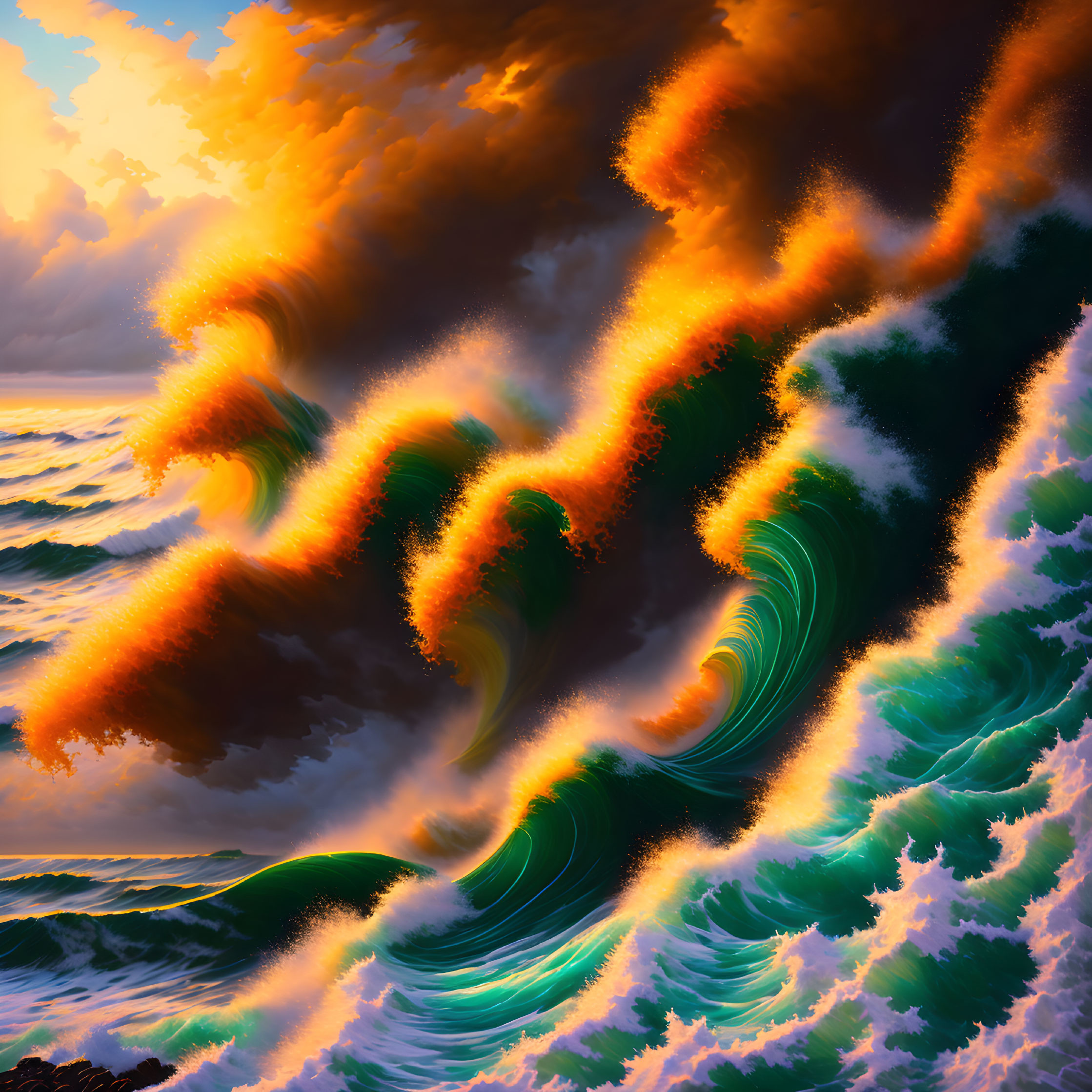 Surreal seascape: fiery clouds, emerald waves, dramatic sky