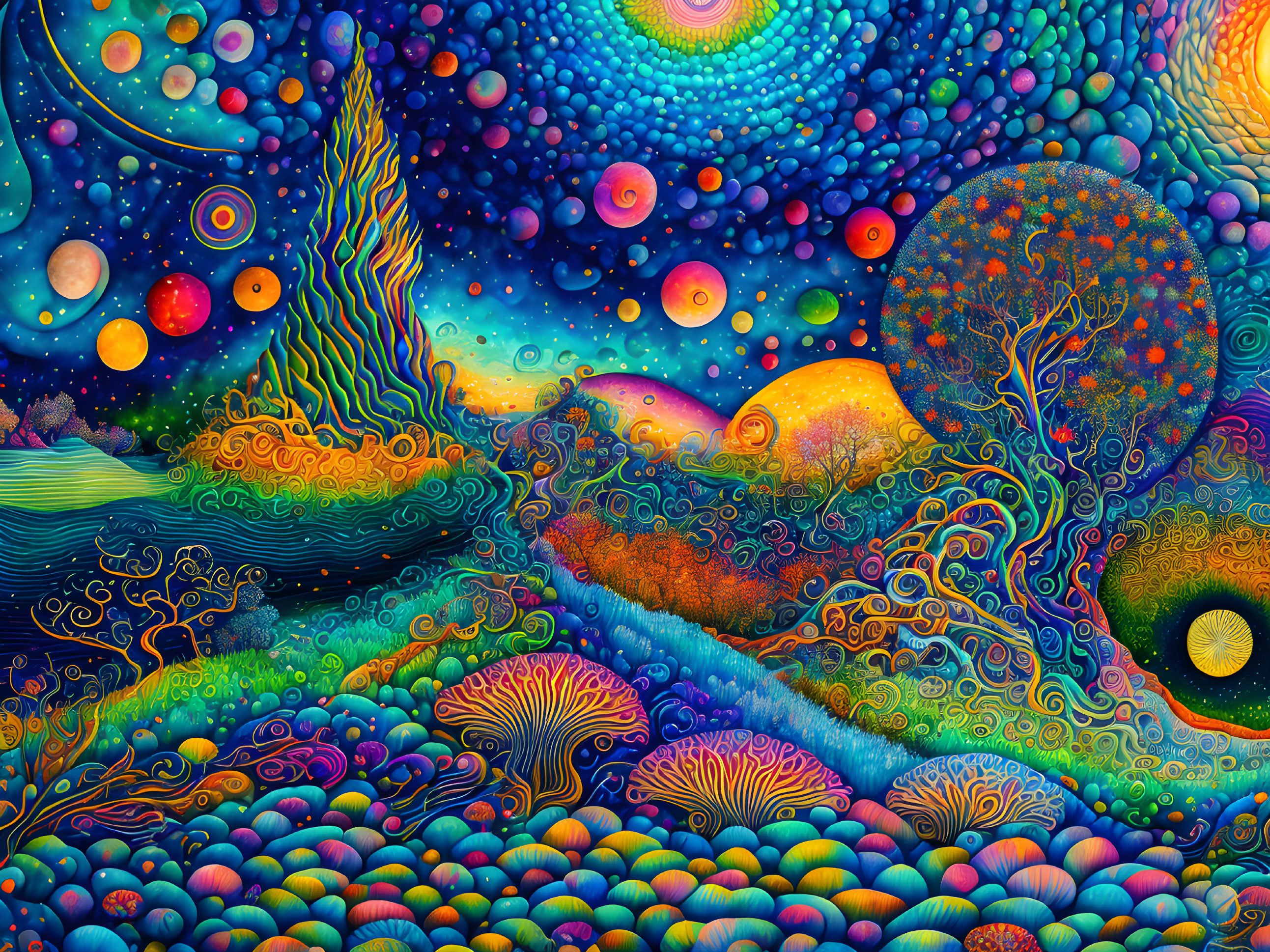 Colorful Psychedelic Landscape with Swirls and Celestial Bodies