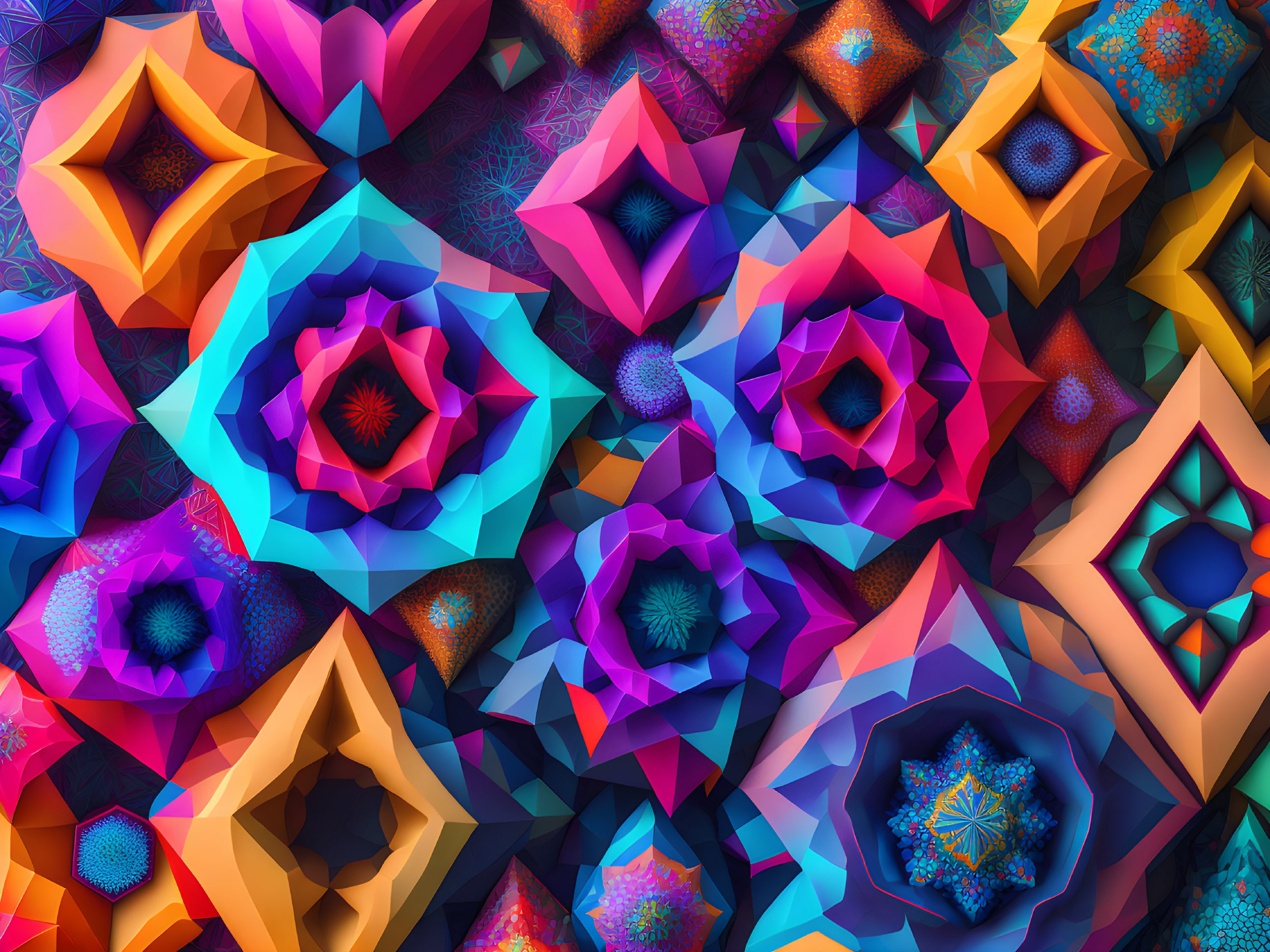 Vibrant geometric shapes with intricate patterns in 3D effect