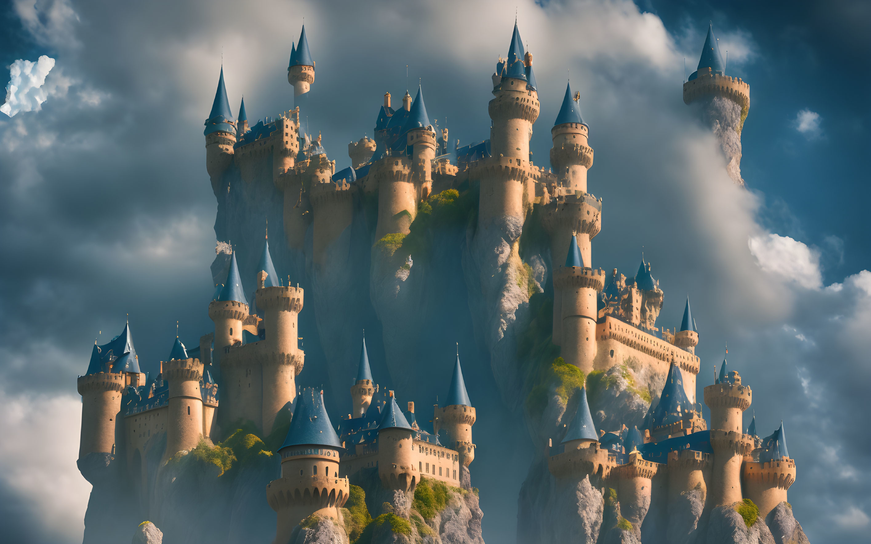 Fantasy castle with spires and towers under dramatic sky