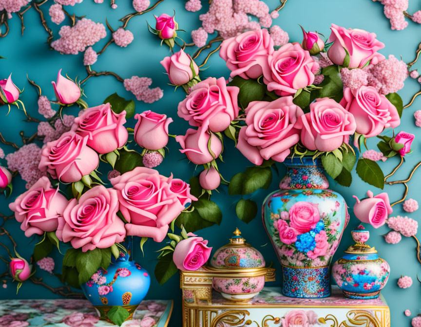 Pink roses in blue vase with cherry blossoms on blue surface