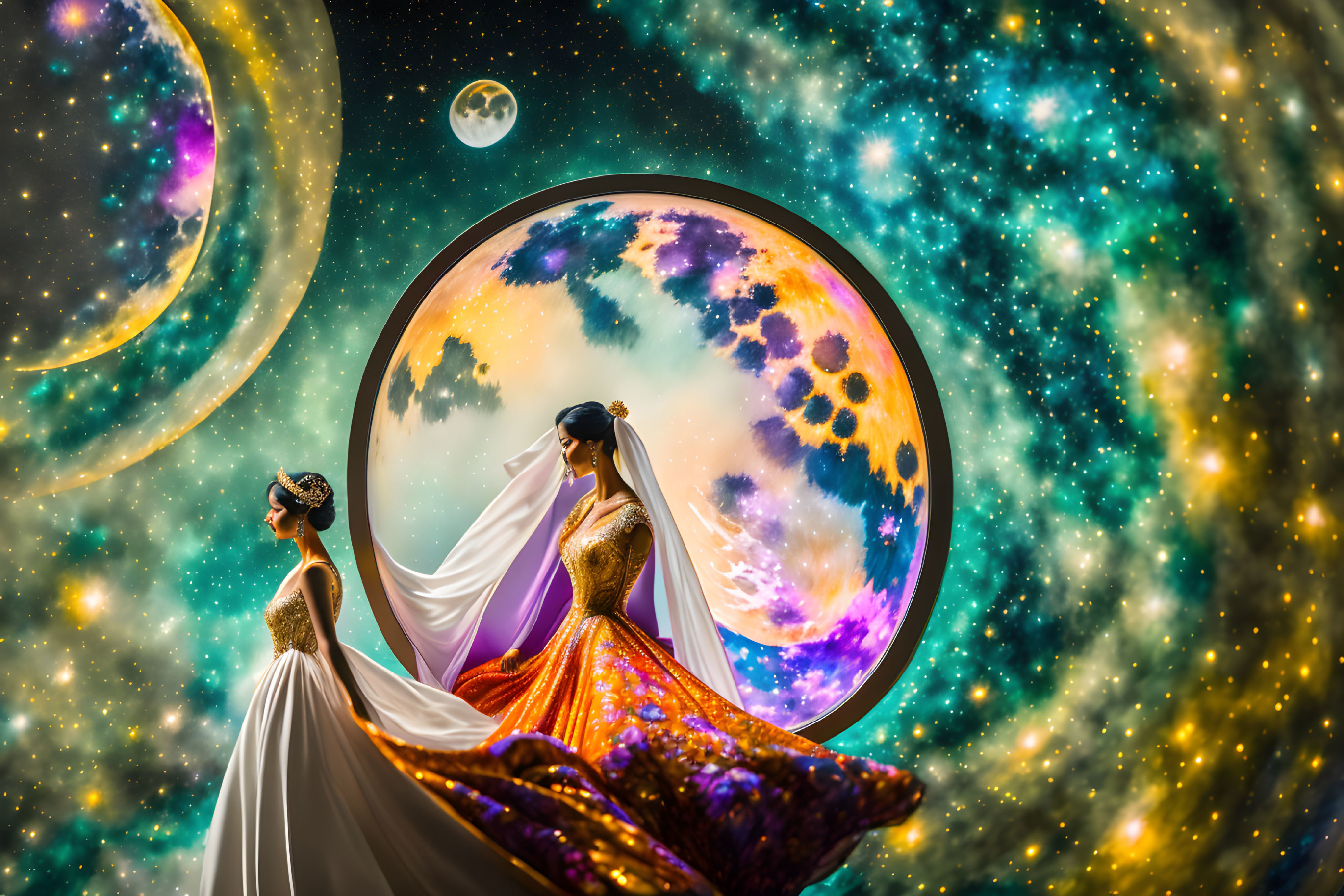 Two women in elegant gowns by cosmic portal with celestial bodies and stars.