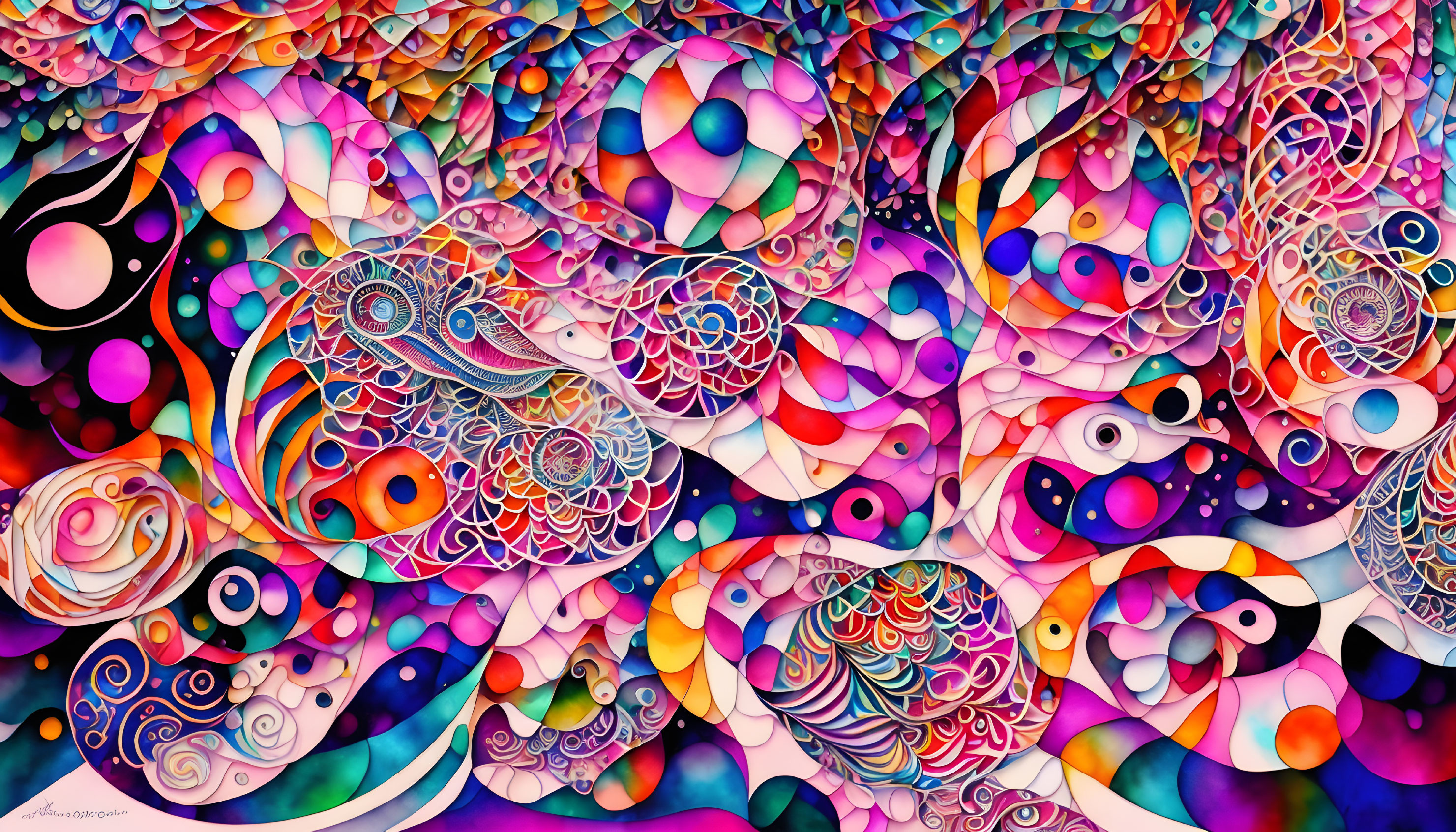 Colorful Abstract Artwork with Swirling Patterns and Circles