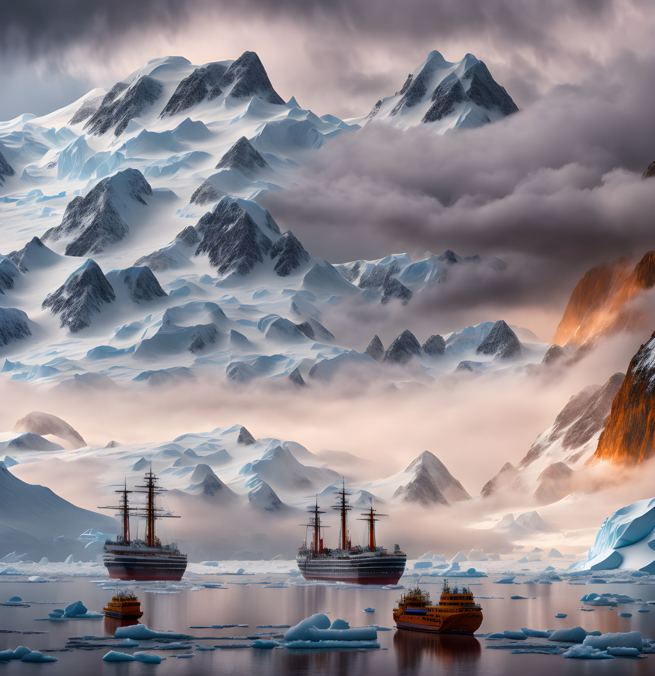 Snow-covered mountain peaks, icebergs, sailing ships, and a small boat on water