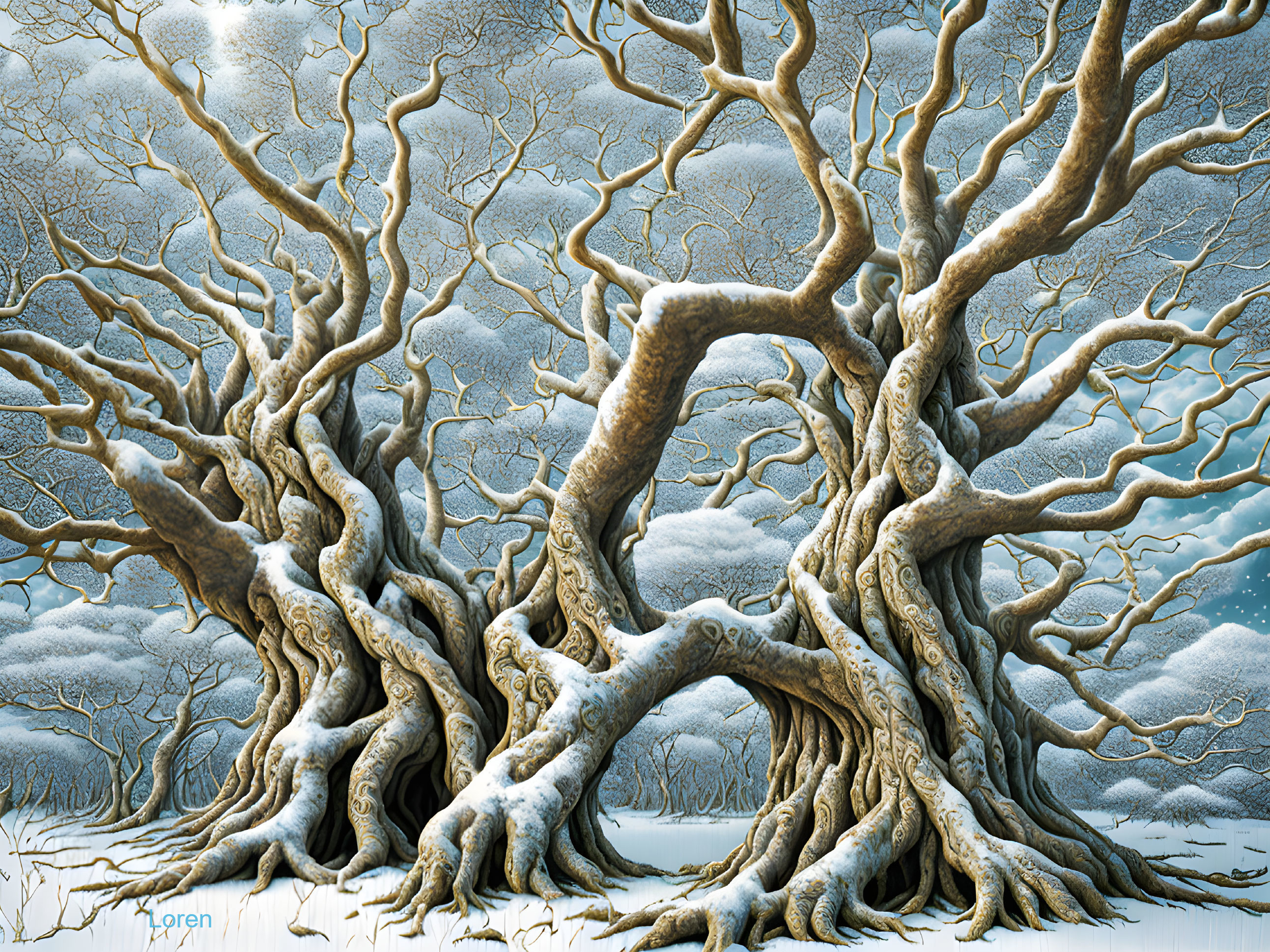 Snowy landscape with intertwined, gnarled trees in whimsical illustration