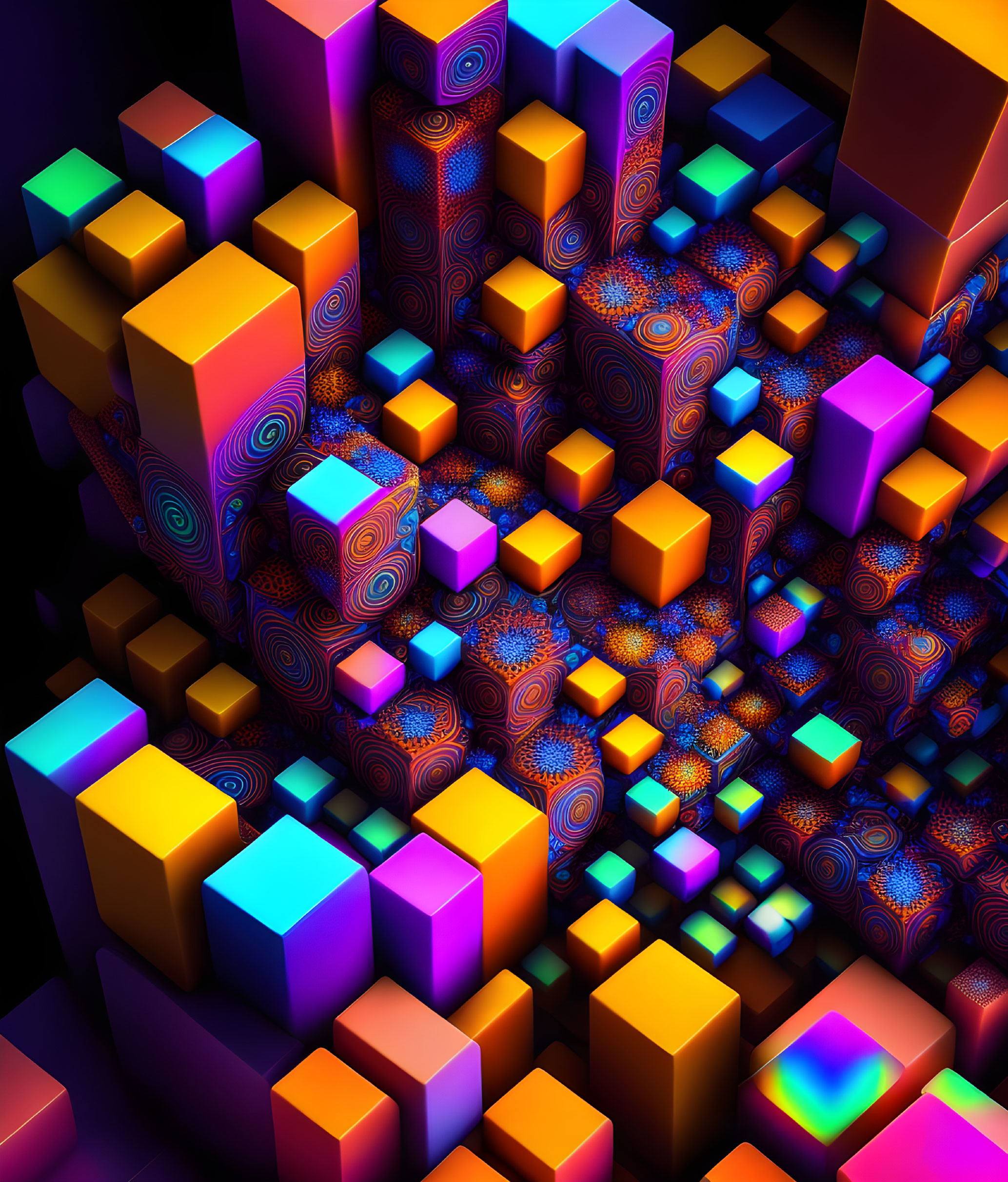 Colorful 3D Cubes on Psychedelic Fractal Background