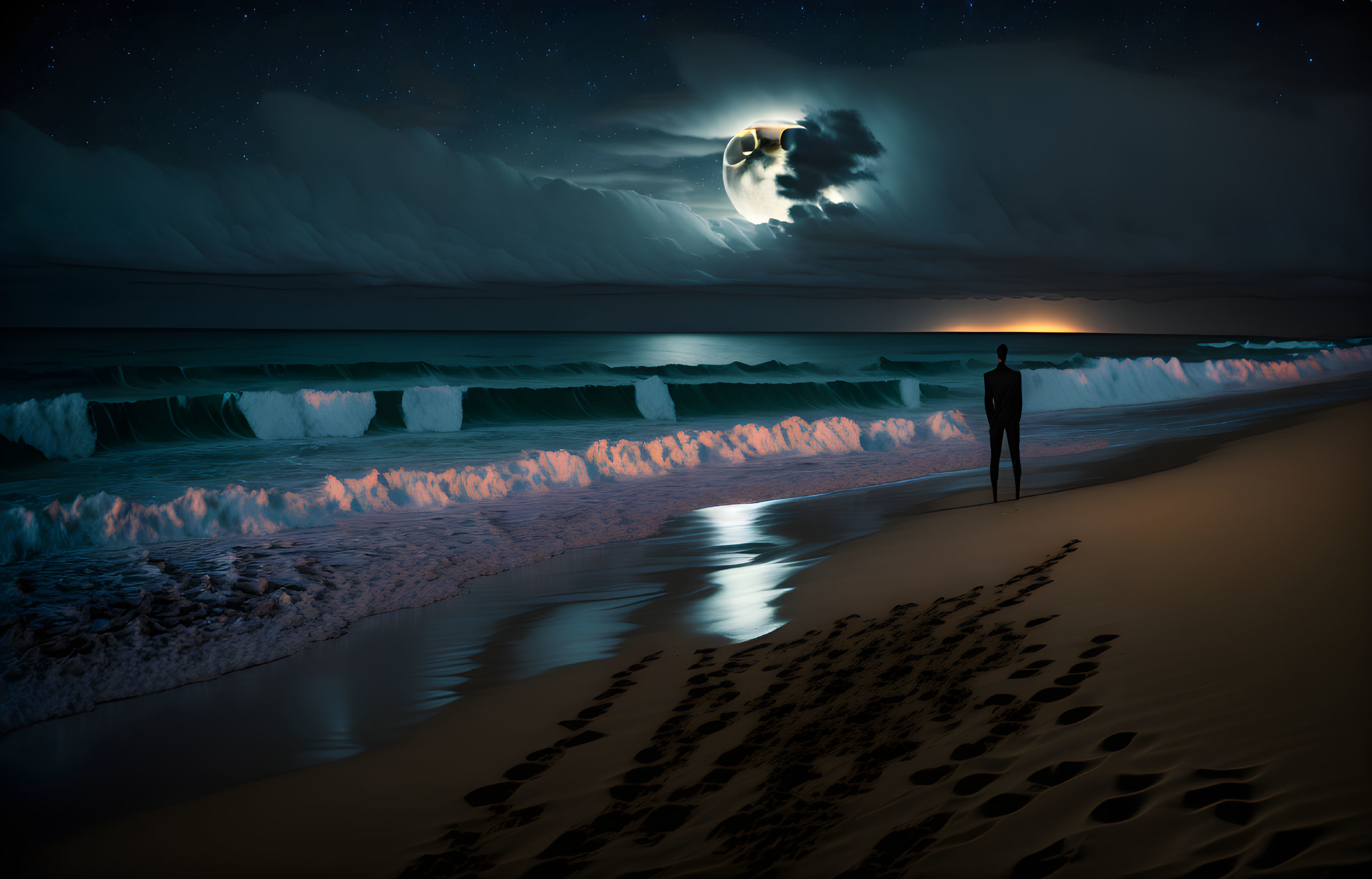 Solitary figure on moonlit beach with reflective waves