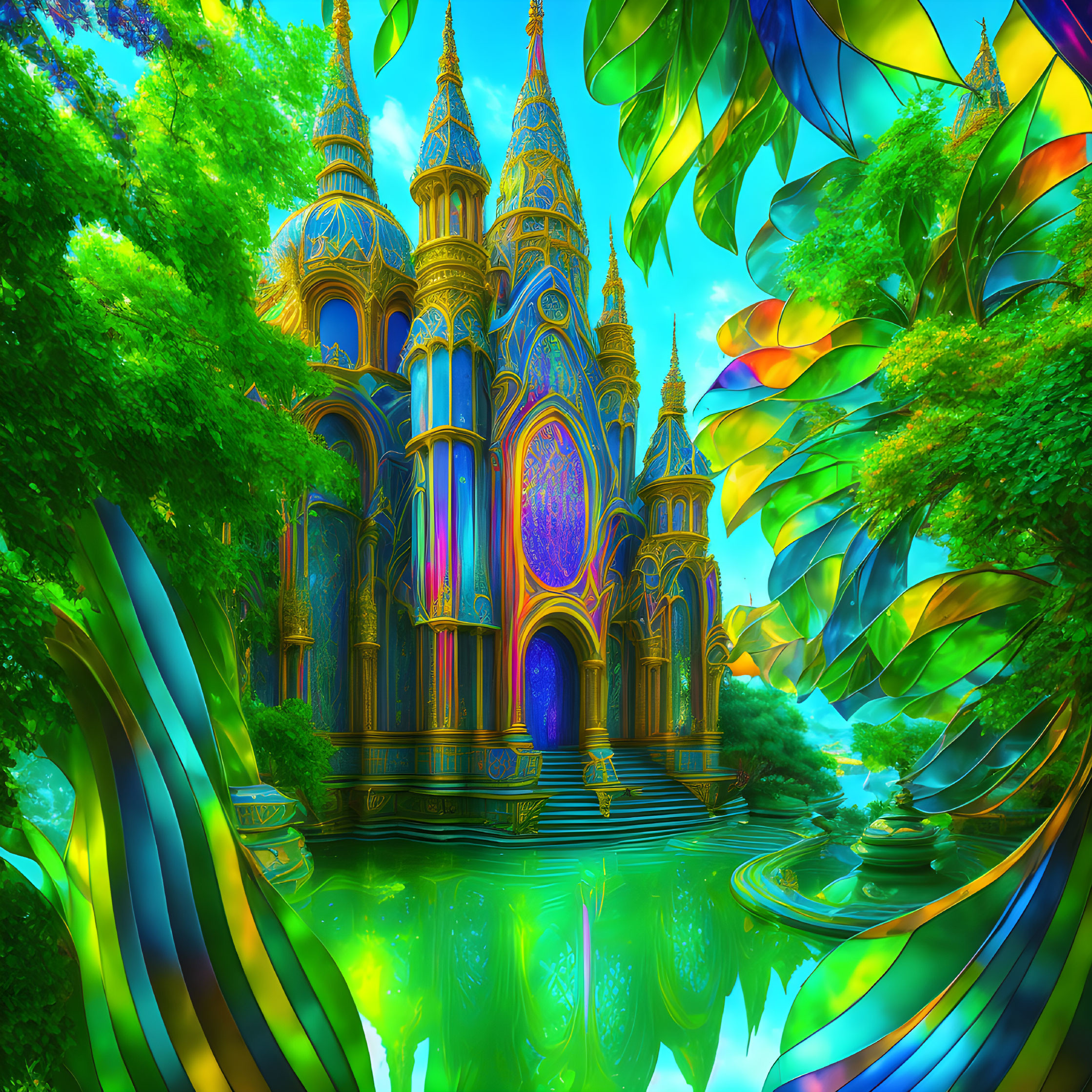 Colorful, ornate castle in lush, magical setting