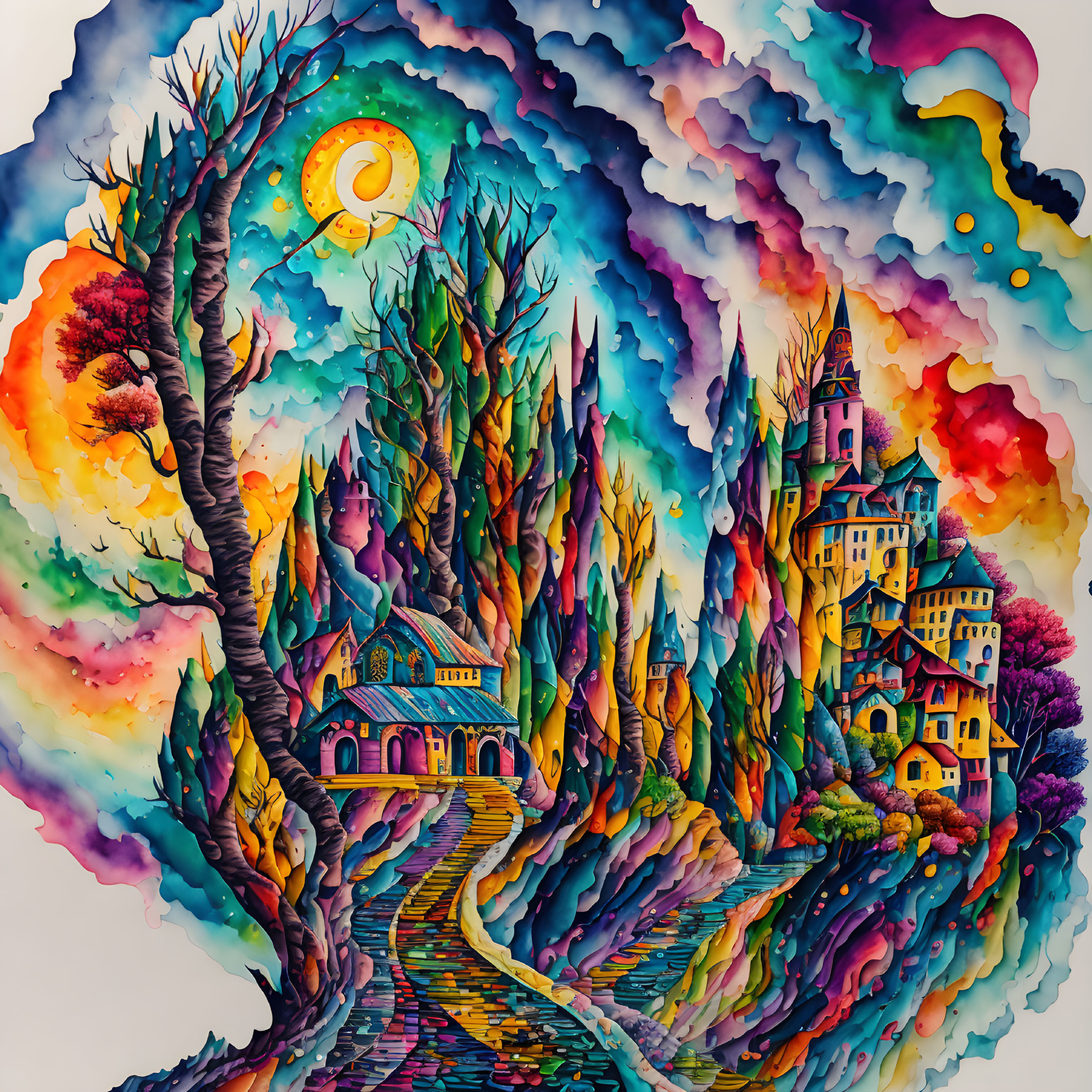 Colorful whimsical landscape with tree, sun, houses, castle & swirling clouds