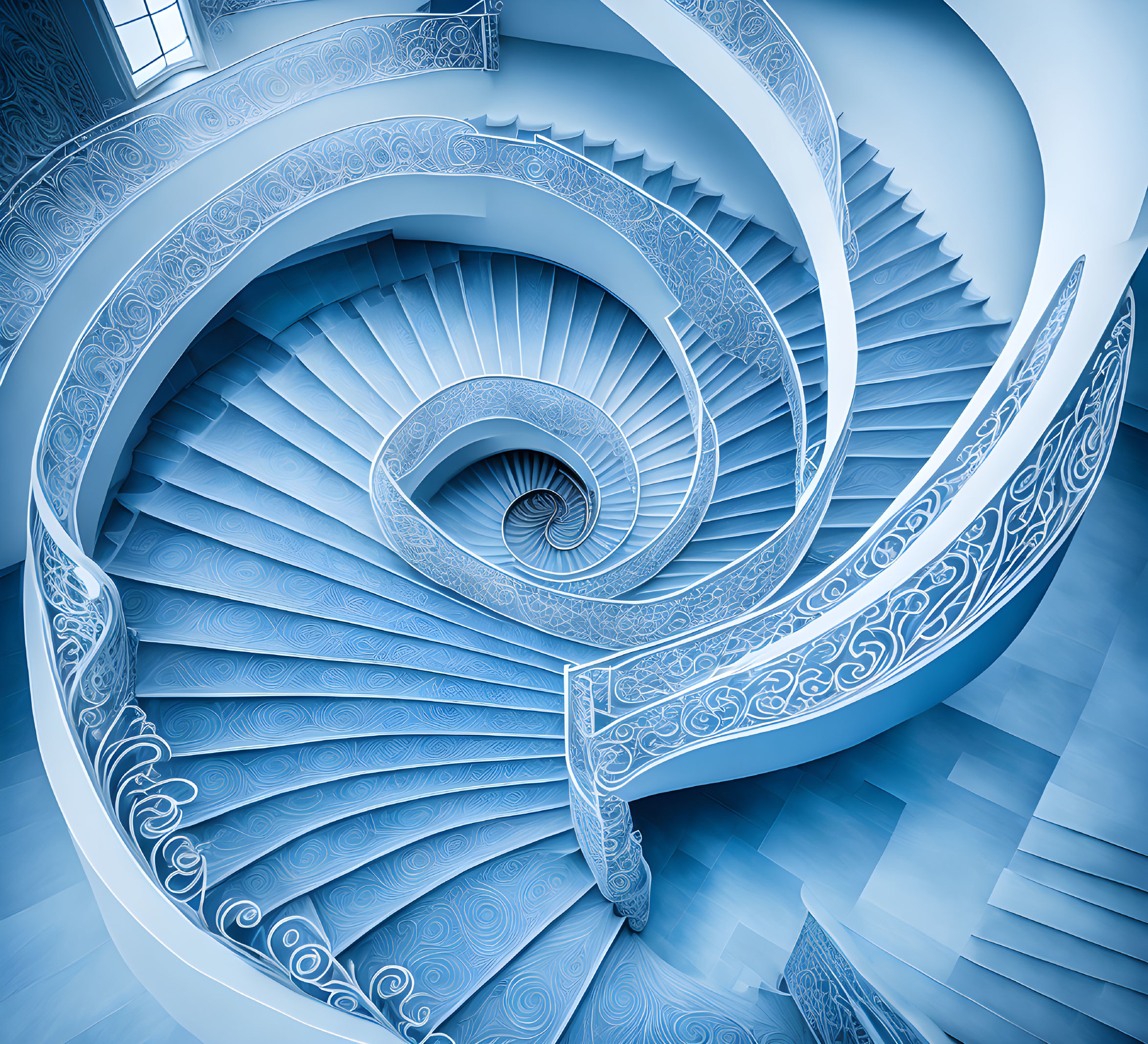 Ornate Spiral Staircase in Cool Blue Tones