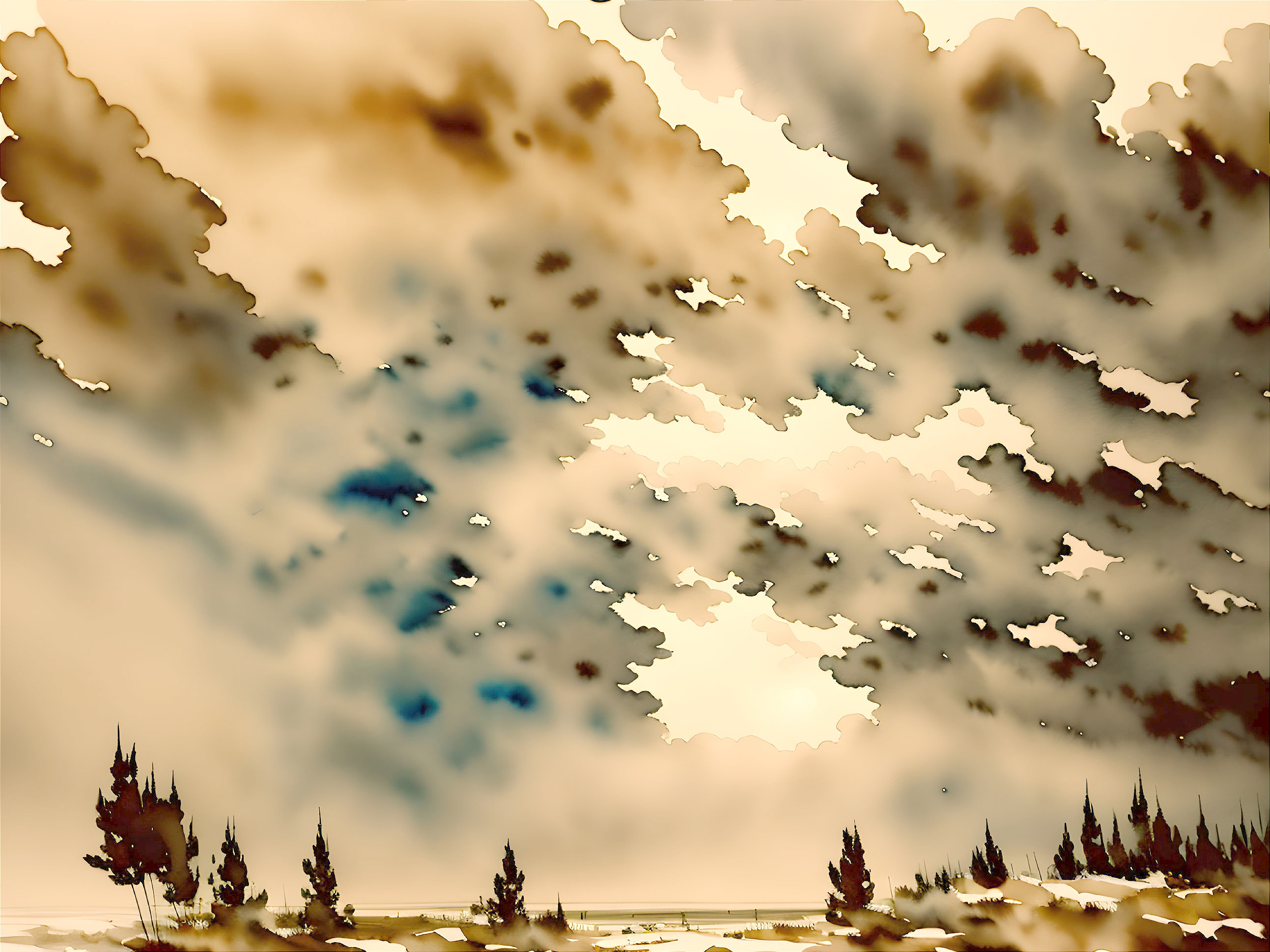 Serene landscape with swirling clouds and tall trees