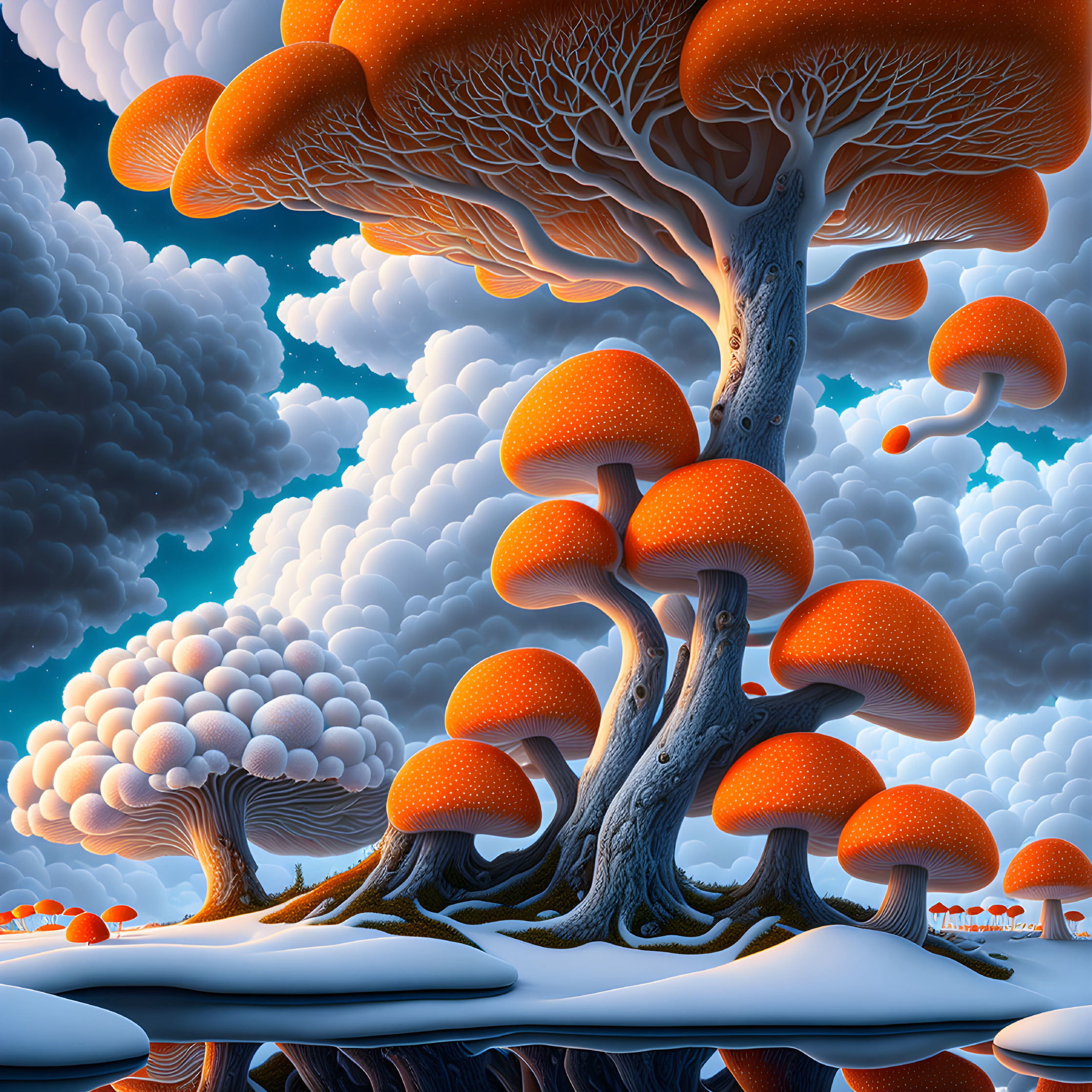 Surreal landscape: oversized orange mushrooms and trees under puffy cloud sky