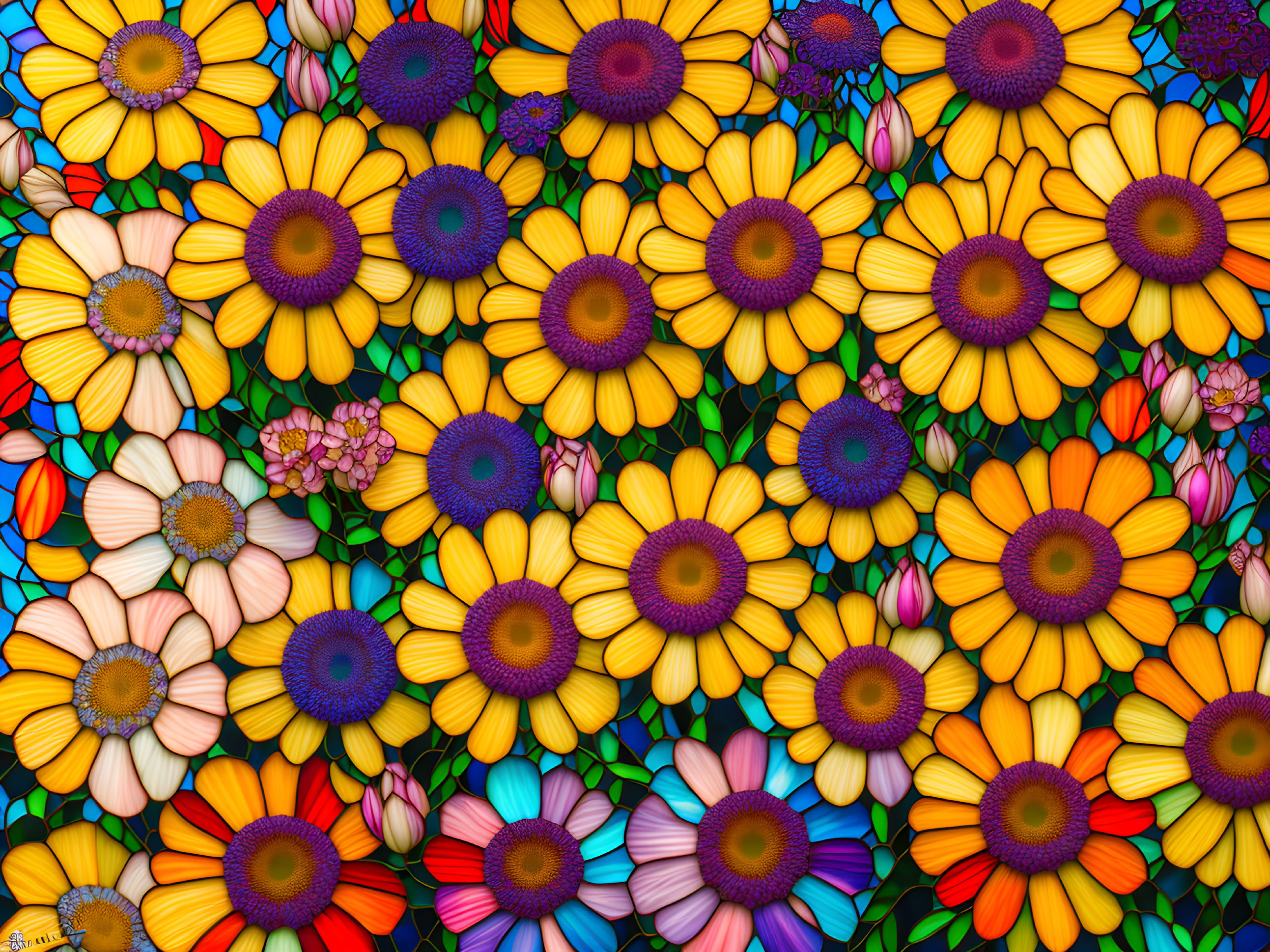 Multicolored flowers with yellow petals in a vibrant floral pattern