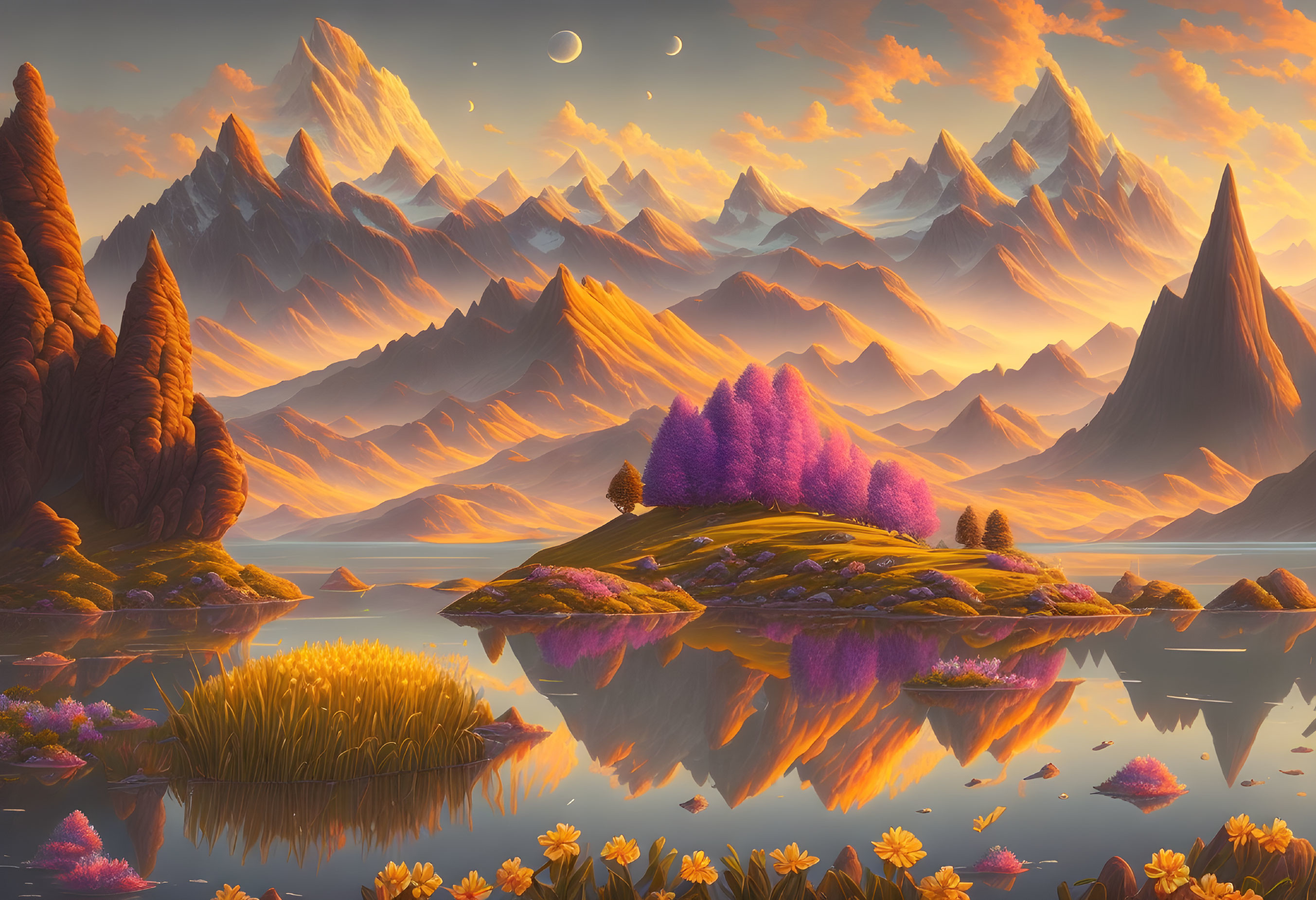 Surreal landscape featuring towering mountains, reflective lake, lush trees, and vibrant purple tree cluster under