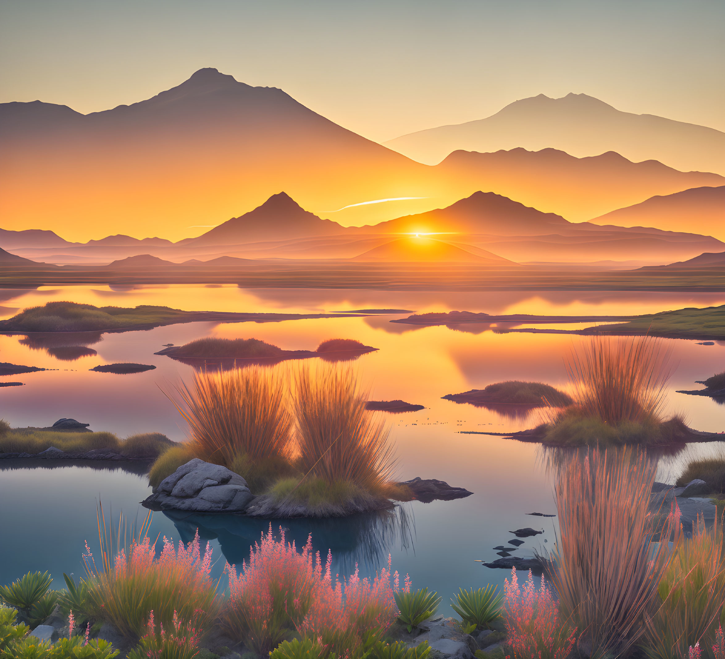 Serene mountainous landscape at sunrise with reflective lakes