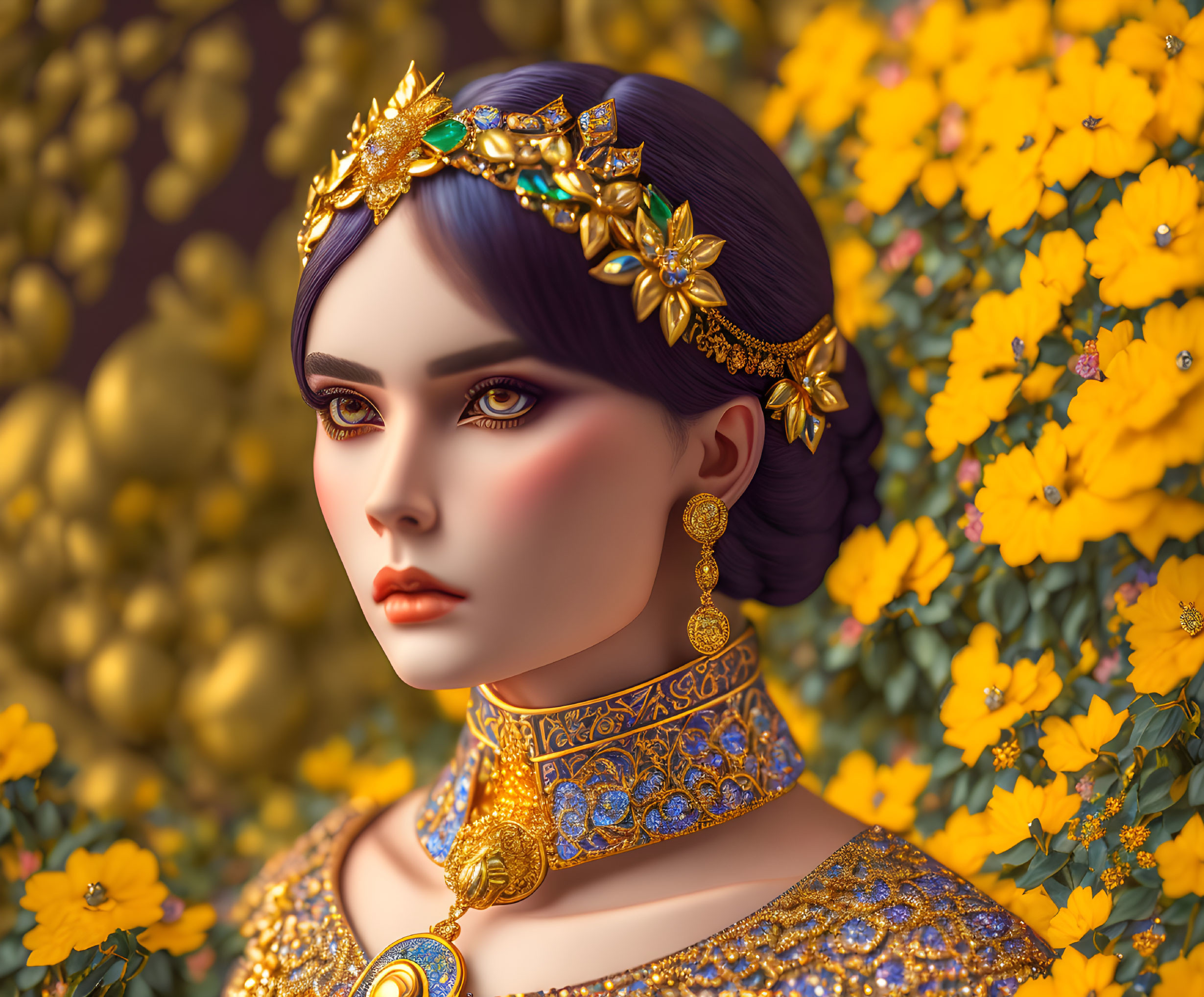 Woman with Purple Hair in Updo & Golden Headpiece Among Yellow Flowers